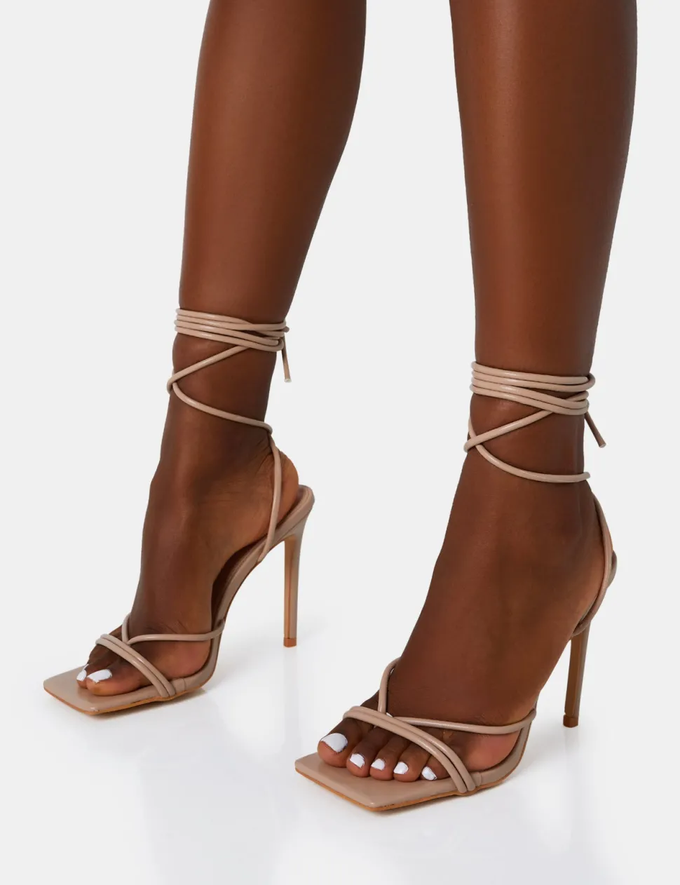 Flash Sale Dax Nude PU Barely There Lace Up Square Toe Stiletto Heels Barely There Heels | Square Toe Heels