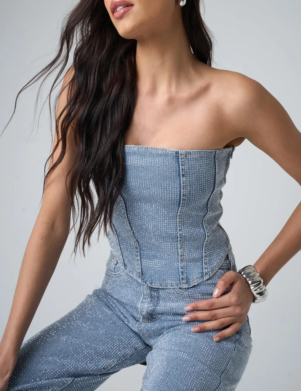 Cheap Diamante Denim Corset Co-ords | Tops