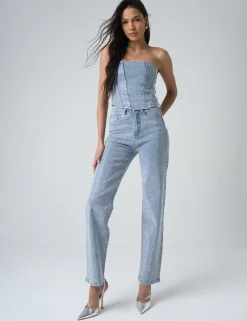 Outlet Diamante Straight Fit High Rise Denim Jeans Co-ords | Trousers