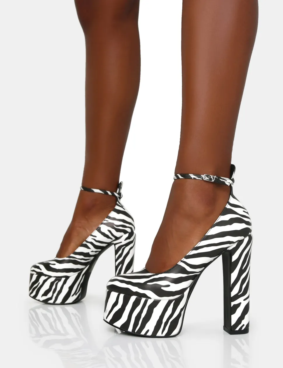 Discount Donatella Zebra Print Ankle Strap Rounded Toe Platform Block Heels Block Heels | Platform Heels
