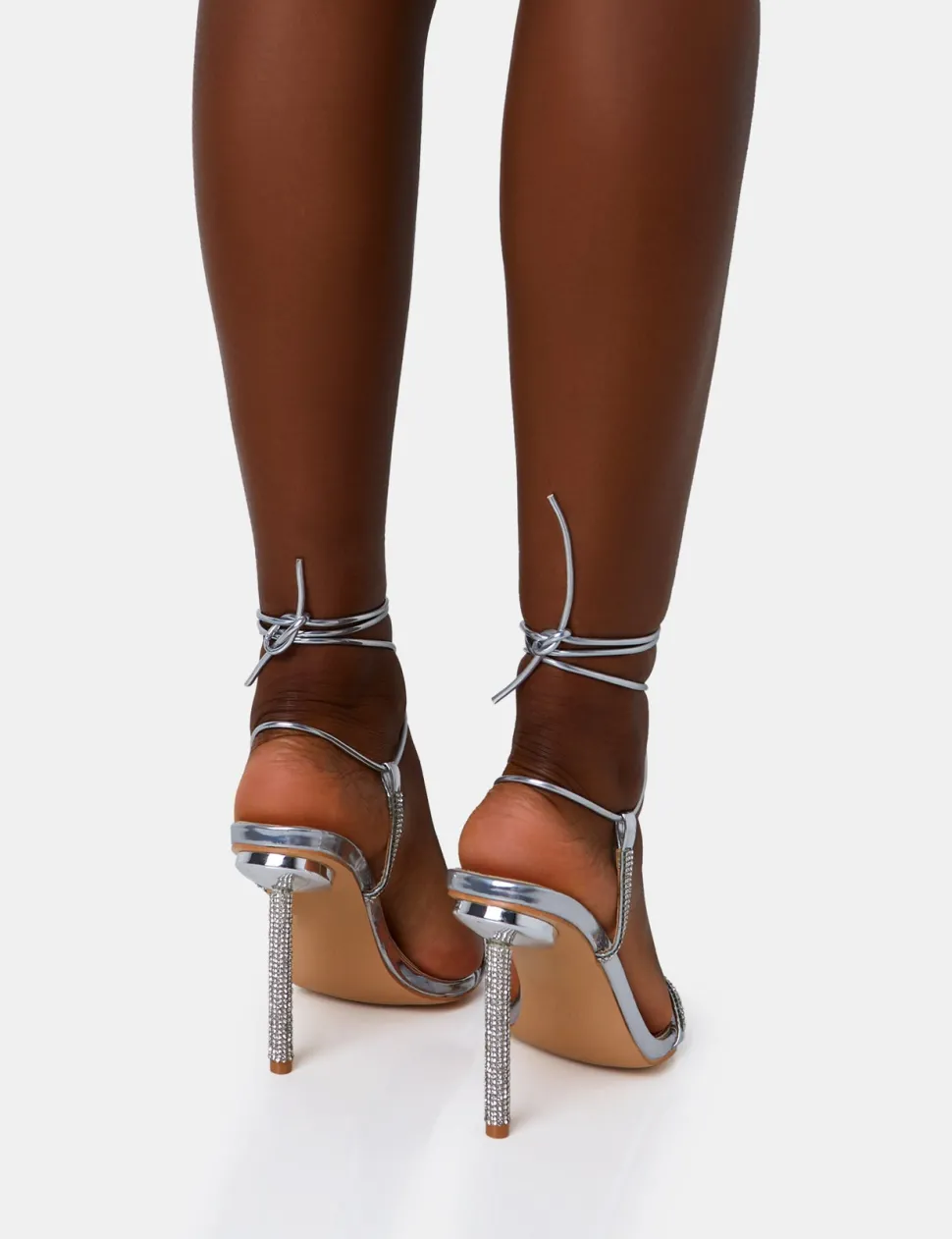 Hot Dream Mirror Strappy Diamante Heel Detail Pointed Toe Stiletto Strappy Heels | Diamante Heels