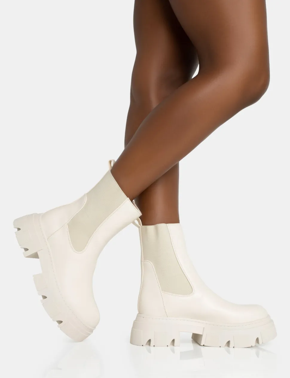 Clearance Edgy Cream Pu Elasticated Ankle Rounded Chunky Sole Ankle Boots Chunky Boots | Ankle Boots