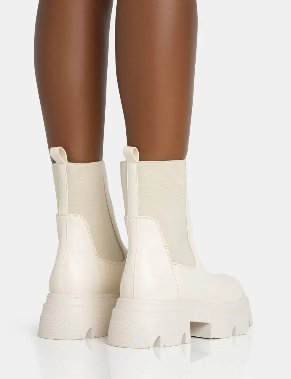 Clearance Edgy Cream Pu Elasticated Ankle Rounded Chunky Sole Ankle Boots Chunky Boots | Ankle Boots