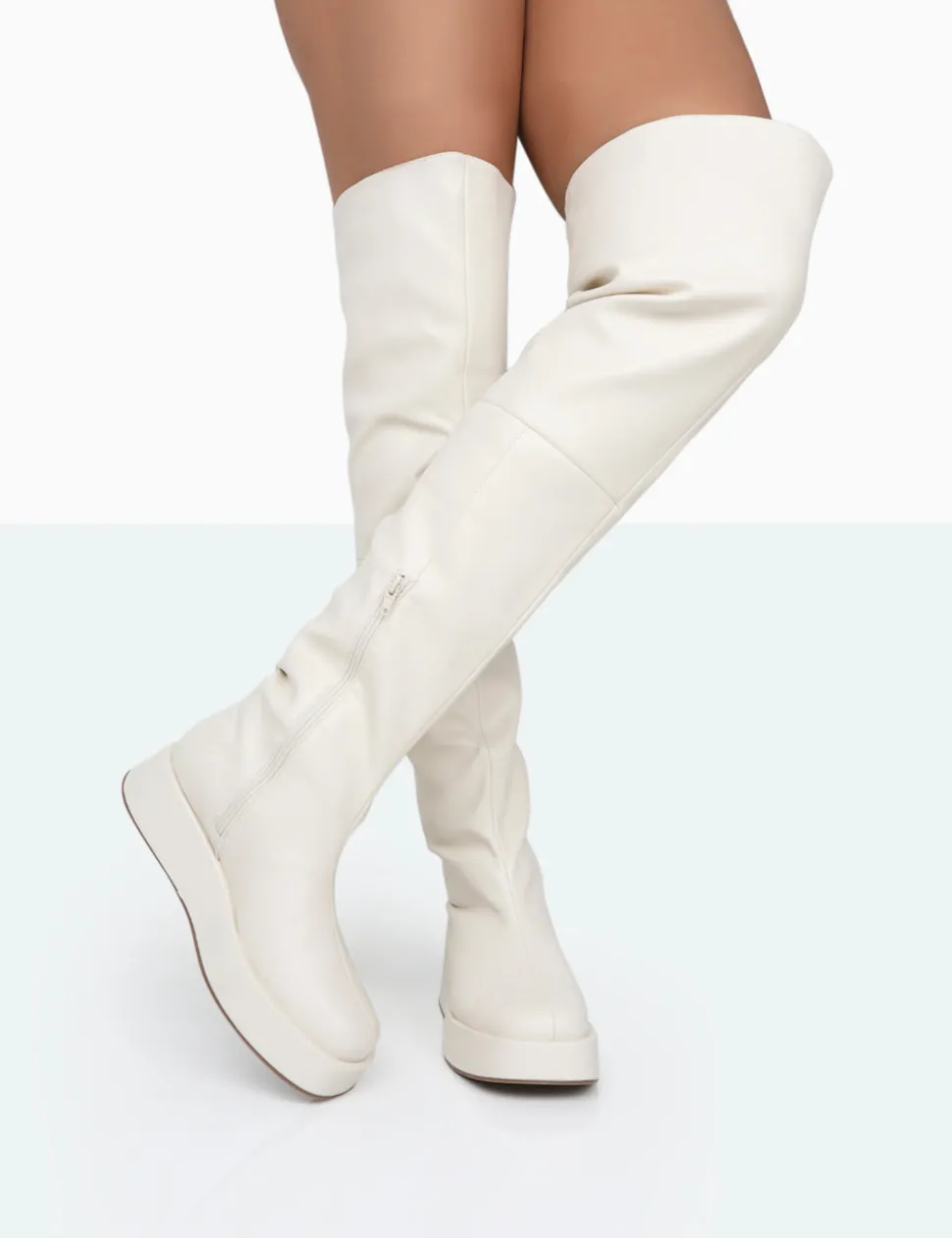 Sale Erica Bone Pu Chunky Platform Sole Over The Knee Boots Over The Knee Boots | Long Boots