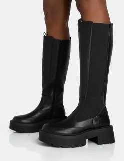 New Evergreen Knee High Elasticated Detail Chunky Heeled Sole Boots Heeled Boots | Knee High Boots