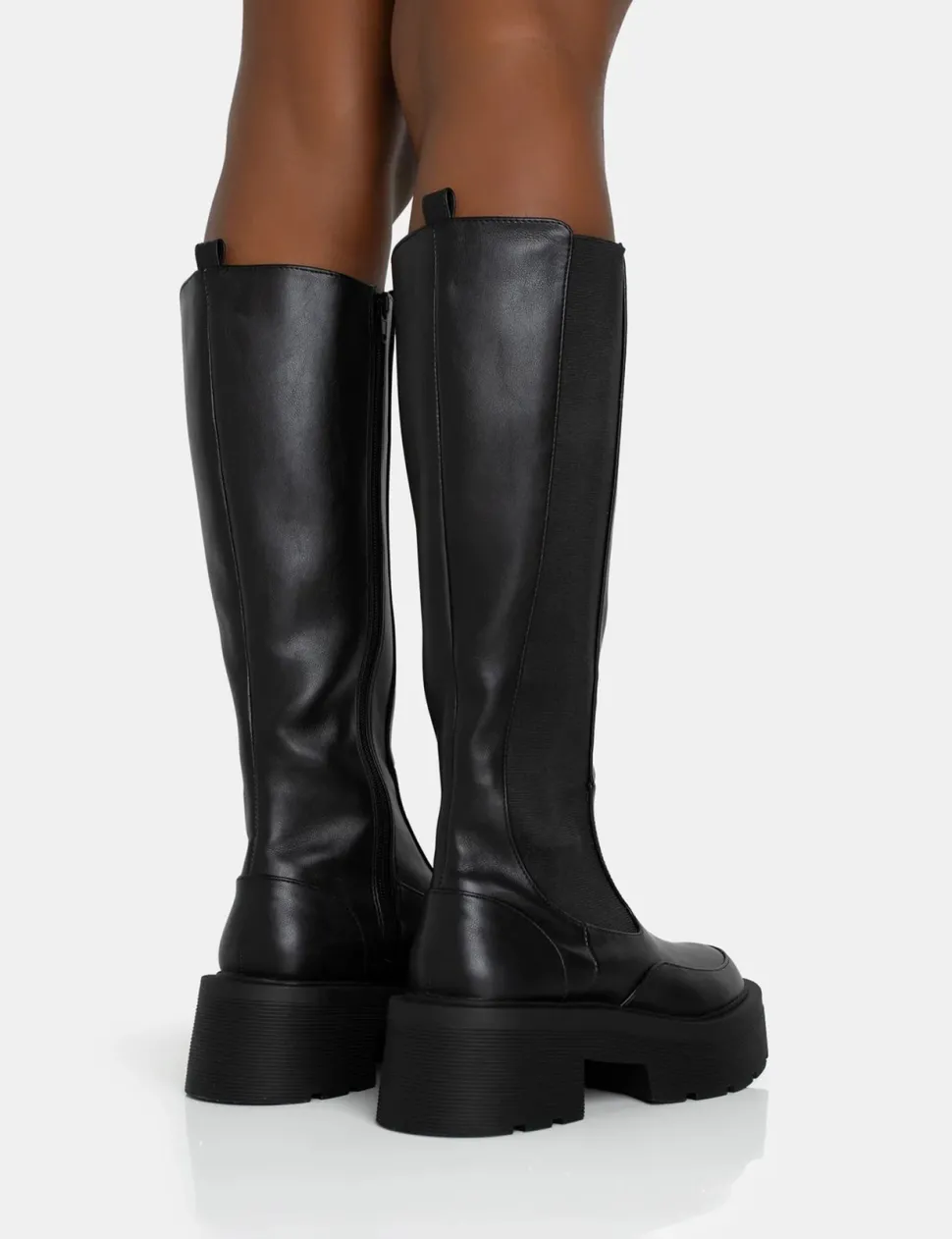Store Evergreen Pu Wide Fit Knee High Elasticated Detail Chunky Heeled Sole Boots Knee High Boots | Long Boots