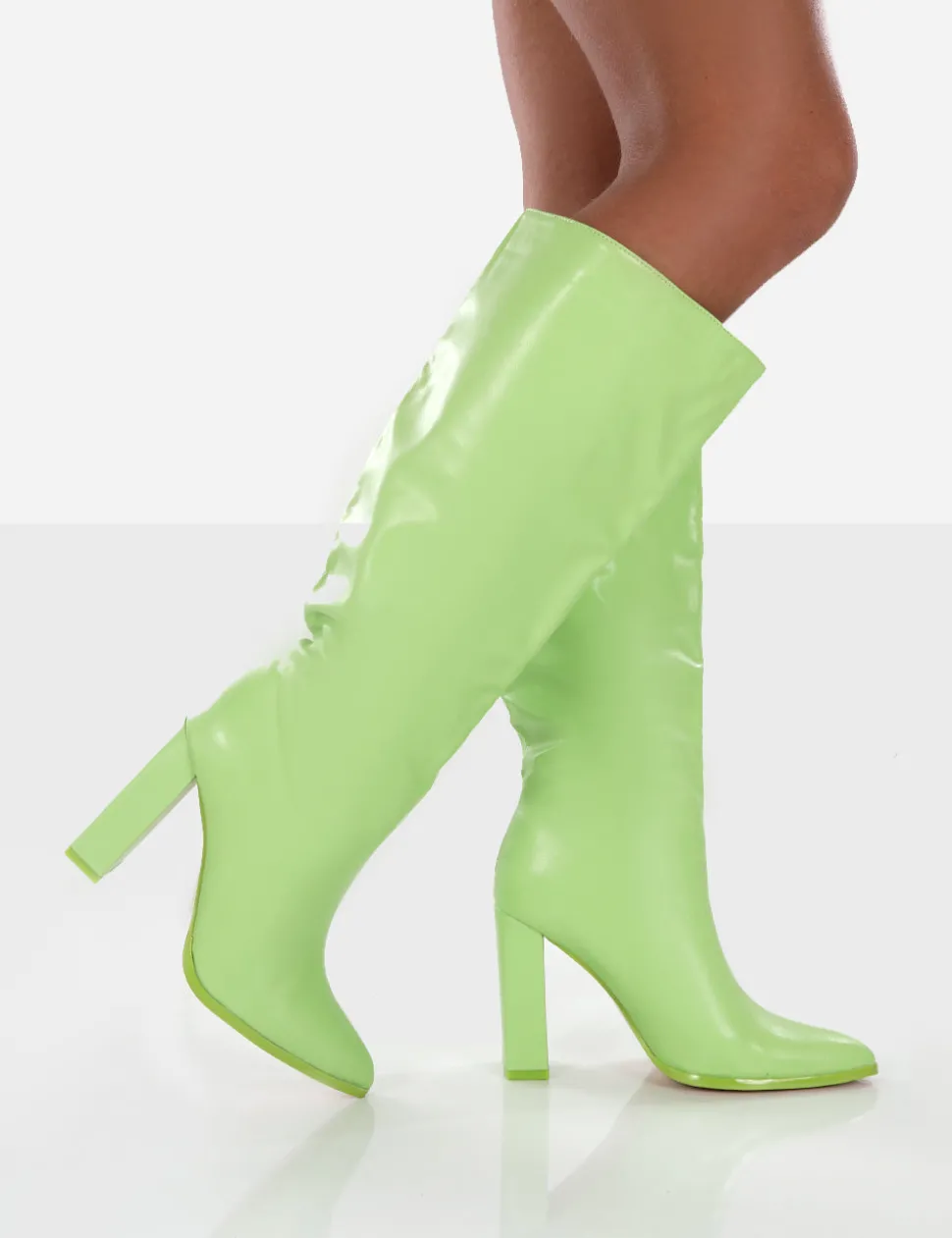 Sale Far Away Lime Grain PU Square Toe Knee High Block Boots Heeled Boots | Knee High Boots