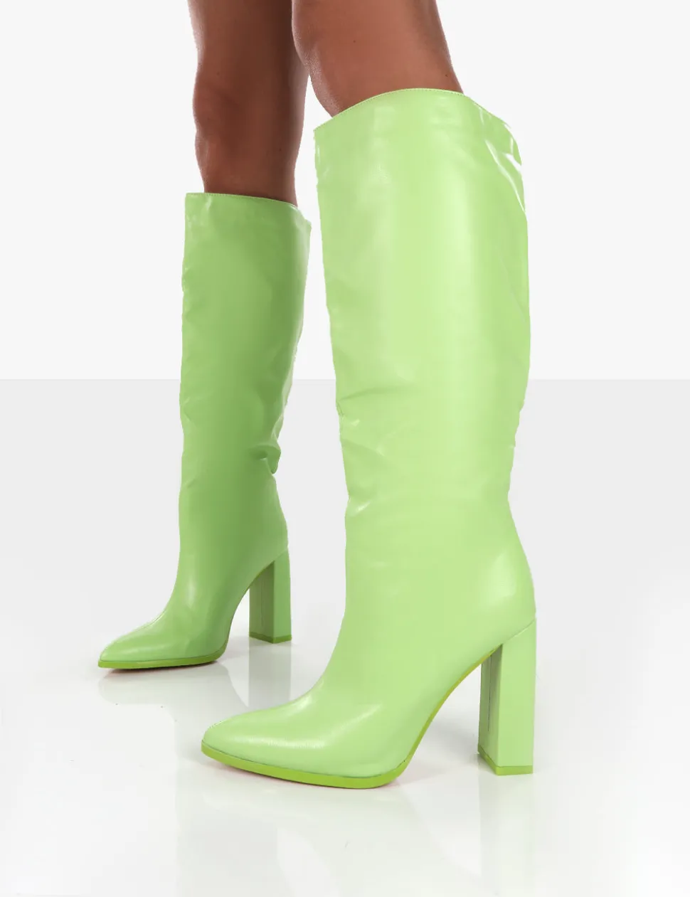 Sale Far Away Lime Grain PU Square Toe Knee High Block Boots Heeled Boots | Knee High Boots