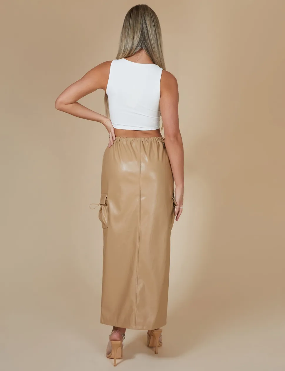 Best Faux Leather Pocket Detail Cargo Maxi Skirt Camel Sculpt & Leisure | Kaiia The Label