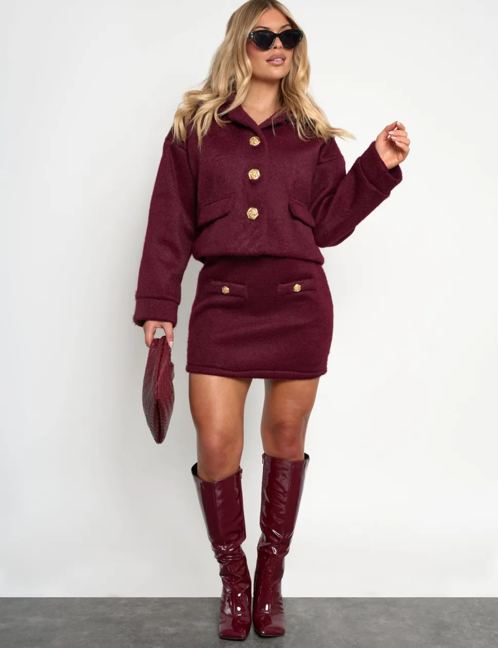 Fashion Faux Wool Gold Button Detail Mini Skirt Co Ord Co-ords | Skirts