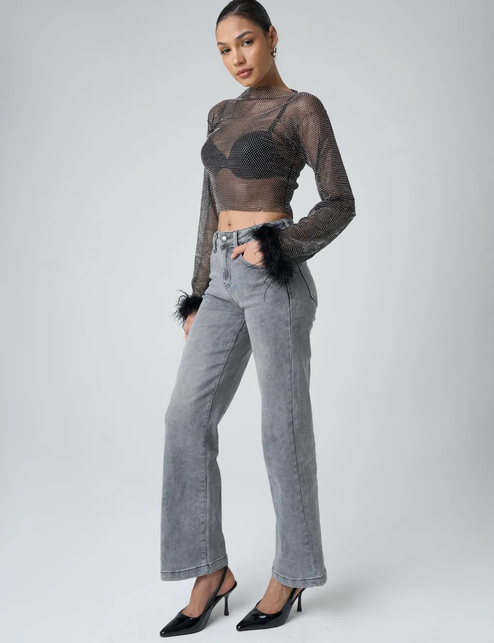 Hot Feather Cuff Detail Diamante Mesh Cropped Top Tops