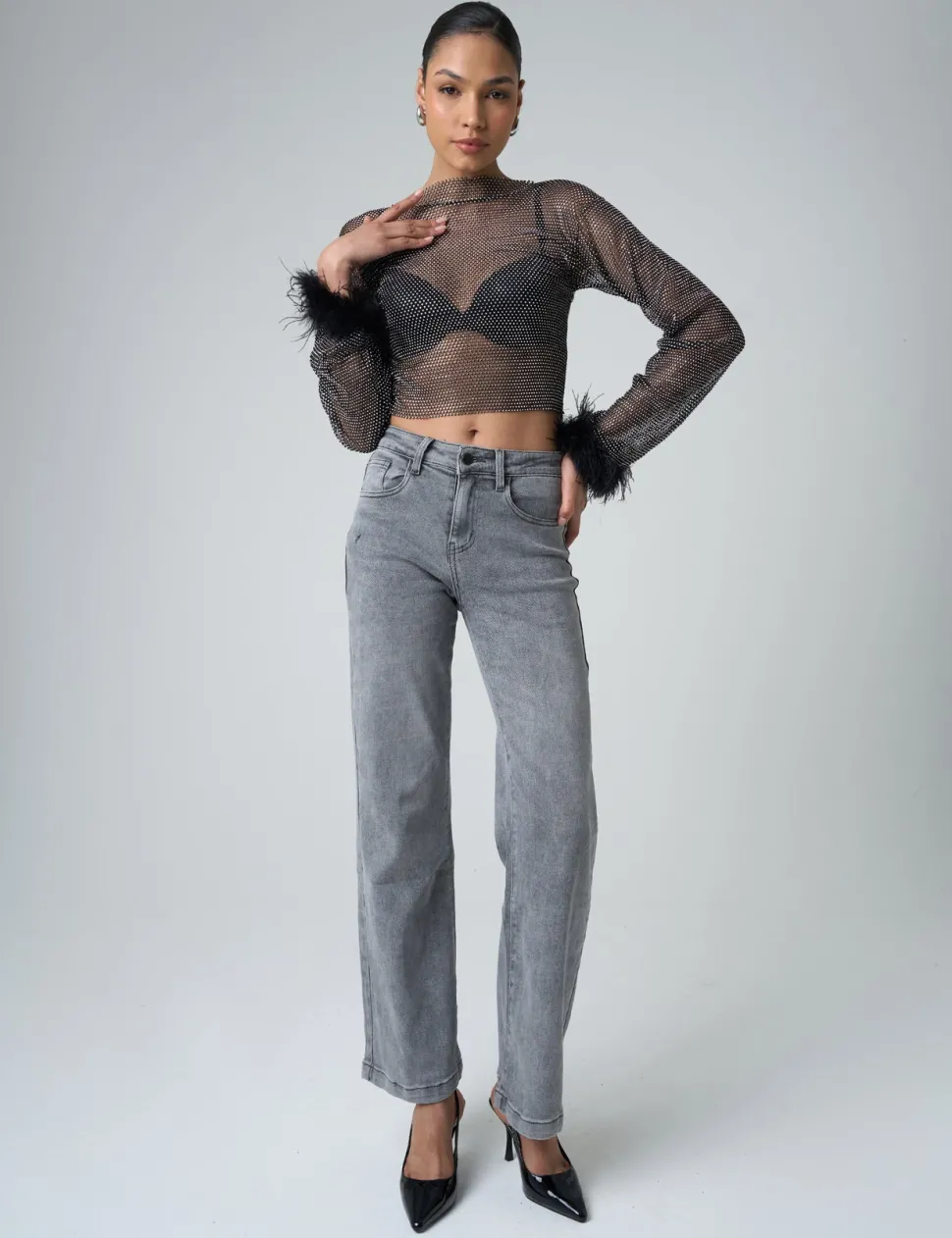 Hot Feather Cuff Detail Diamante Mesh Cropped Top Tops