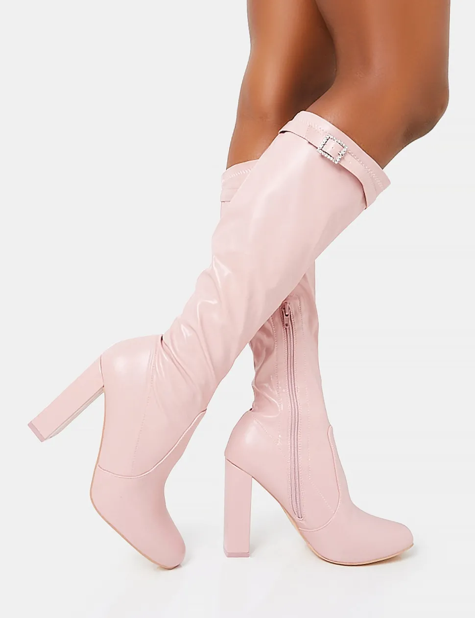 Store First Class Dusty Buckle Strap Knee High Block Heeled Boots Diamante Heels | Block Heels