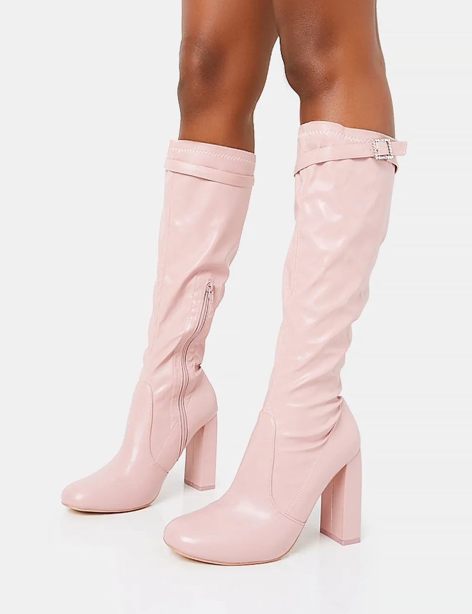 Store First Class Dusty Buckle Strap Knee High Block Heeled Boots Diamante Heels | Block Heels