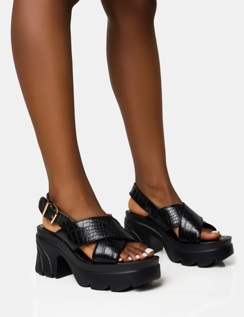 Clearance Flare Cross Strap Chunky Mid Heel Sandals Platform Heels | Mid Heels