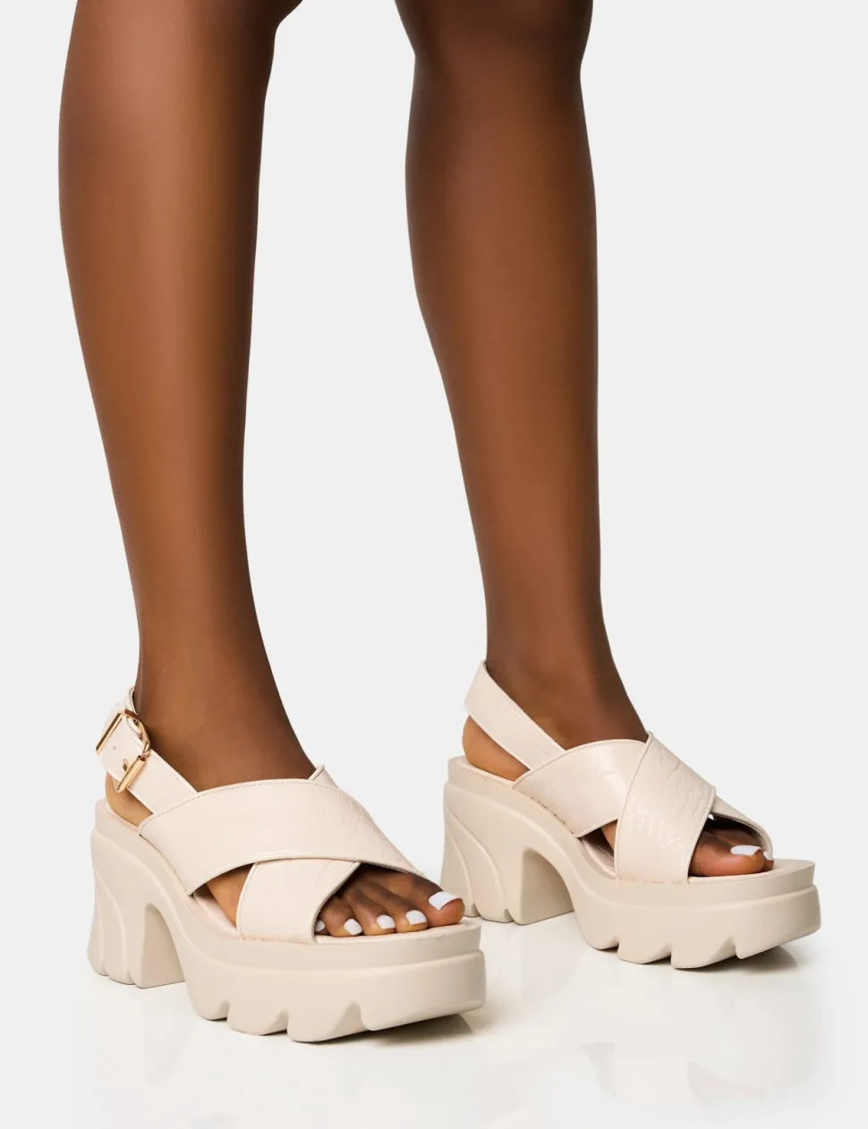 Fashion Flare Cross Strap Chunky Mid Heel Sandals Platform Heels | Mid Heels
