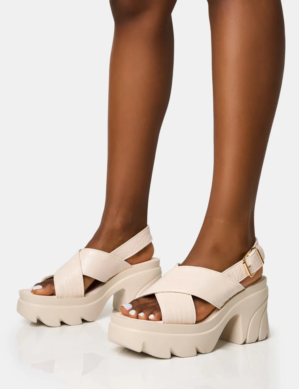 Fashion Flare Cross Strap Chunky Mid Heel Sandals Platform Heels | Mid Heels
