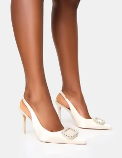 Hot Flora Wide Fit Pearl Encrusted Slingback Court Heels Wide Fit Block Heels | Wide Fit Heels
