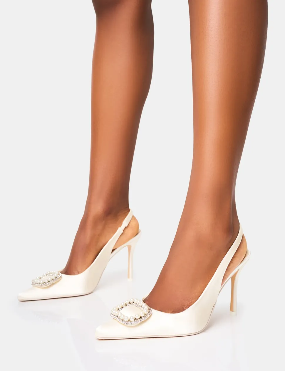 Hot Flora Wide Fit Pearl Encrusted Slingback Court Heels Wide Fit Block Heels | Wide Fit Heels