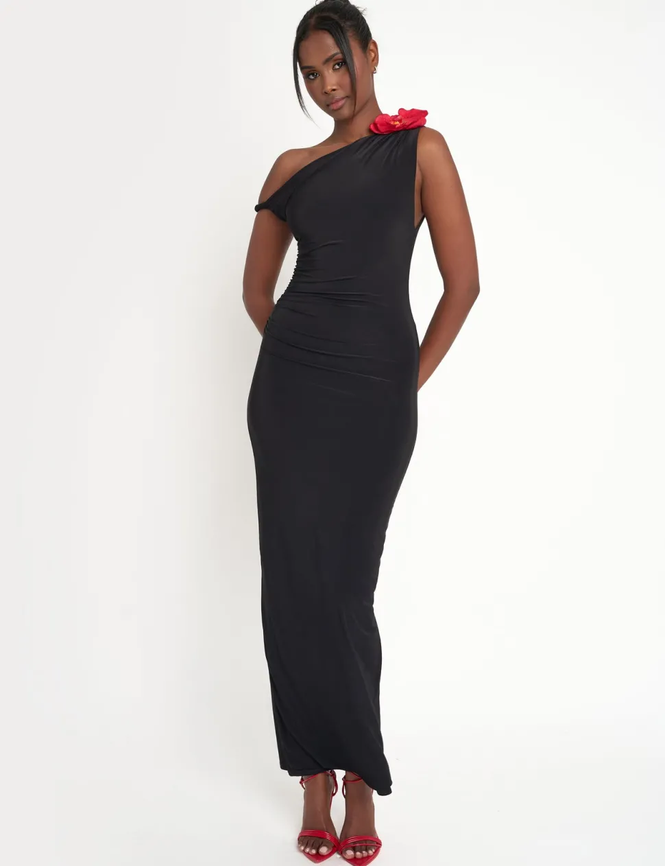 Store Flower Trim Dropped Shoulder Luxe Slinky Maxi Dress Sculpt & Leisure | Kaiia The Label