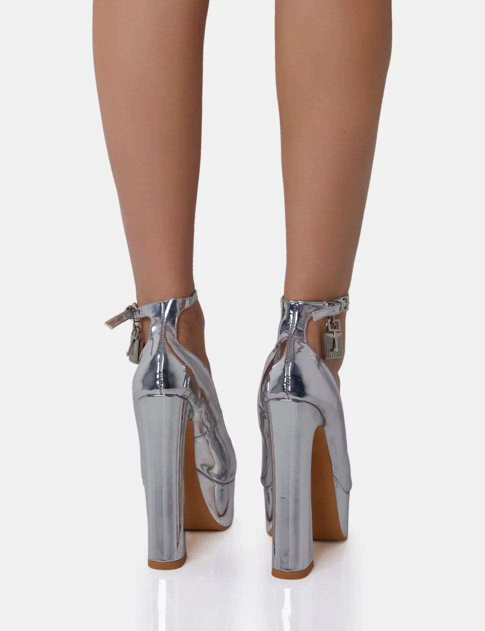 Fashion Formation Mirror Padlock Detail Chunky Platform Heels Silver Heels | Square Toe Heels