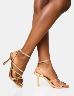 Discount Free Spirit Strappy Round Toe Mid Heels Back In Stock | Gold Heels