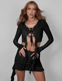 New Frill Detail Ruched Mini Skirt Black Co-ords