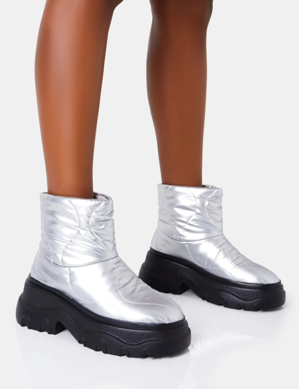 Outlet Frostbite Metallic Nylon Quilted Chunky Sole Ankle Boots Chunky Boots | Ankle Boots
