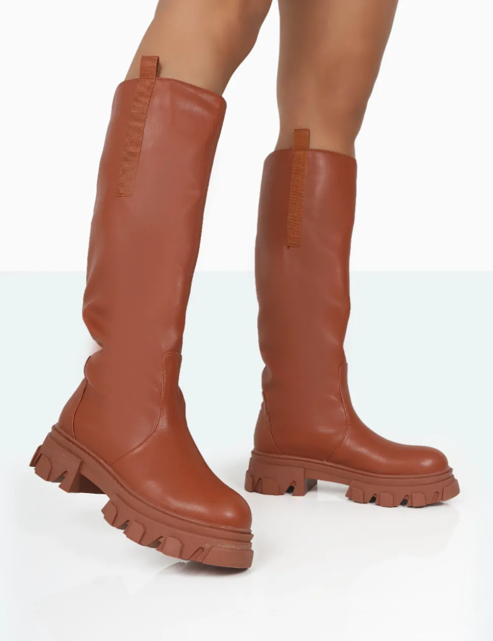 Cheap Genius Tabacco Tan Pu Knee High Chunky Sole Boots Chunky Boots | Ankle Boots