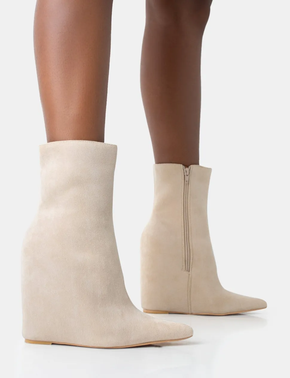 Best Sale Getaway Beige Faux Suede Wedged Heeled Ankle Boot Wedges | Heeled Boots