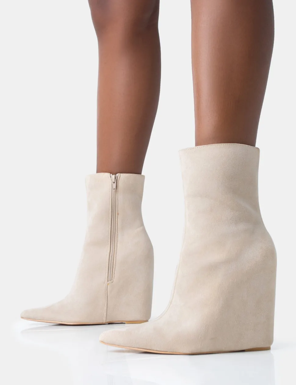 Best Sale Getaway Beige Faux Suede Wedged Heeled Ankle Boot Wedges | Heeled Boots