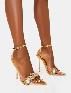 Flash Sale Icicle Gold Metallic Patent Extreme Jeweled Ankle Strap Pointed Toe Stiletto Heels Back In Stock | Diamante Heels