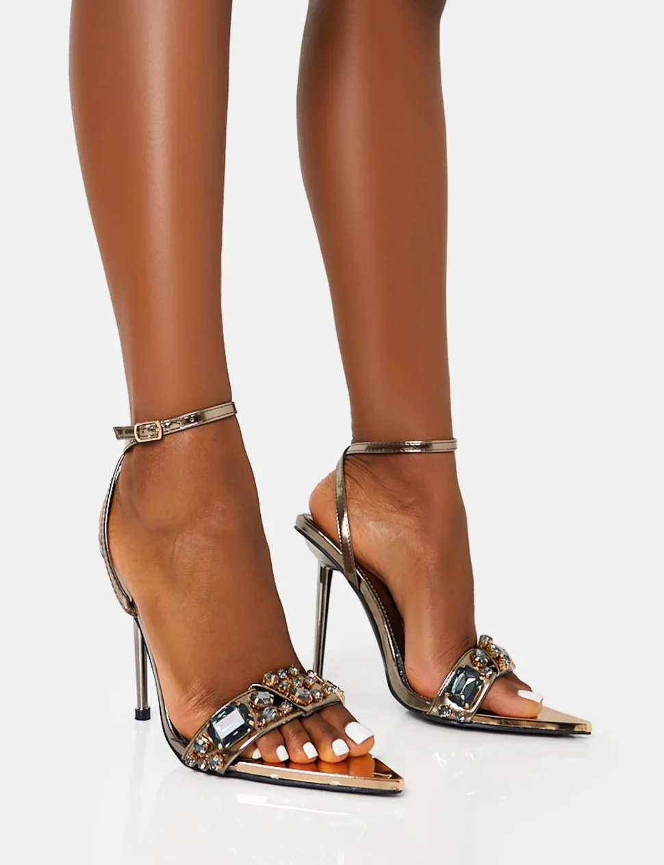 Clearance Icicle Pewter Extreme Jeweled Ankle Strap Pointed Toe Stiletto Heels Diamante Heels | High Heels
