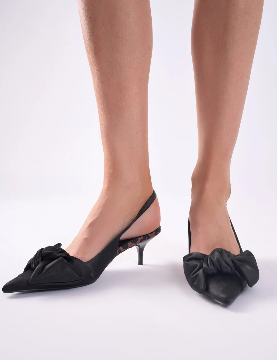 Store Iris Bow Detail Satin Sling Back Kitten Heel Court Shoes Court Heels | Bow Heels