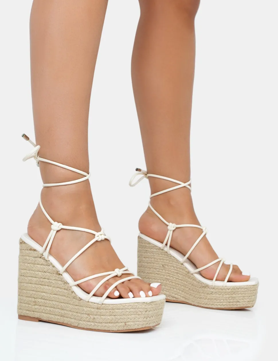 Online Islander Ecru Lace Up Square Toe High Heeled Sandal Esparille Wedges Wedges | Square Toe Heels
