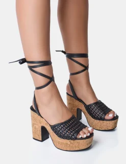 Best Jos Netted Lace Up Cork Platform Sandals Wide Fit Heels | Wide Fit Heels