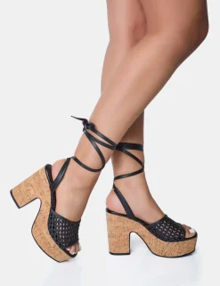 Best Jos Netted Lace Up Cork Platform Sandals Wide Fit Heels | Wide Fit Heels