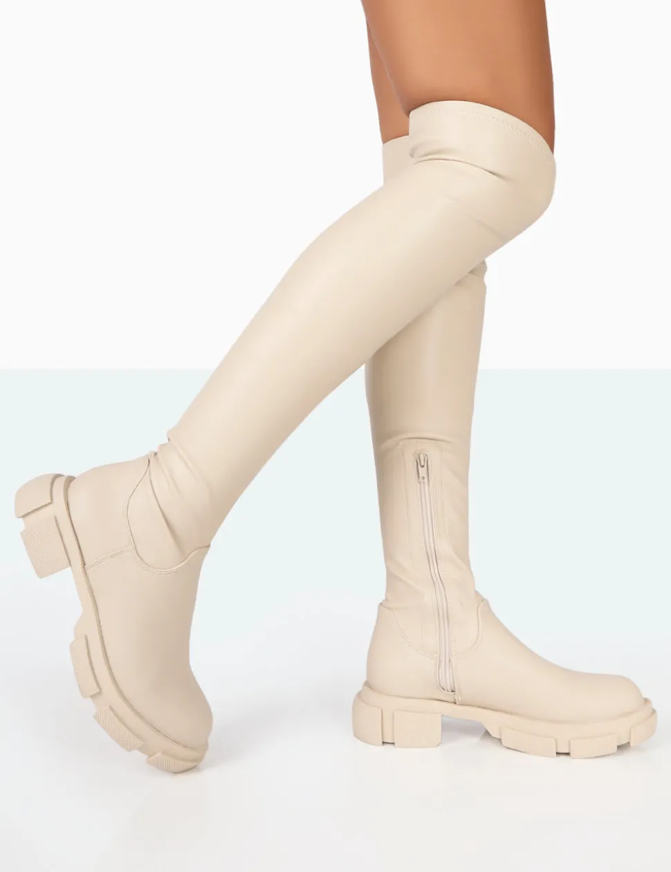 Online Junya Bone Pu Over The Knee Chunky Sole Boots Flat Boots | Over The Knee Boots