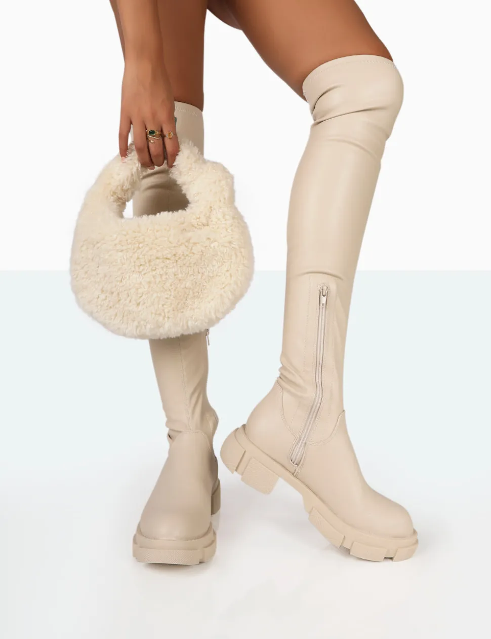 Online Junya Bone Pu Over The Knee Chunky Sole Boots Flat Boots | Over The Knee Boots