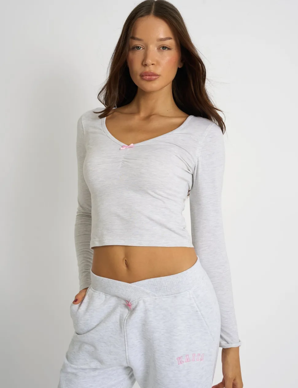 Shop Kaiia Bow Detail Ruched Top Light Grey Marl Sculpt & Leisure | Kaiia The Label