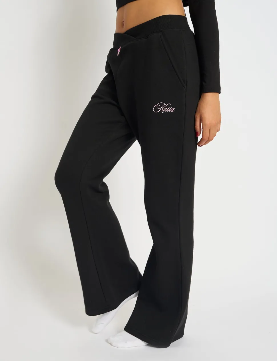 Outlet Kaiia Bow Detail Wide Leg Joggers Black & Pink Sculpt & Leisure | Kaiia The Label