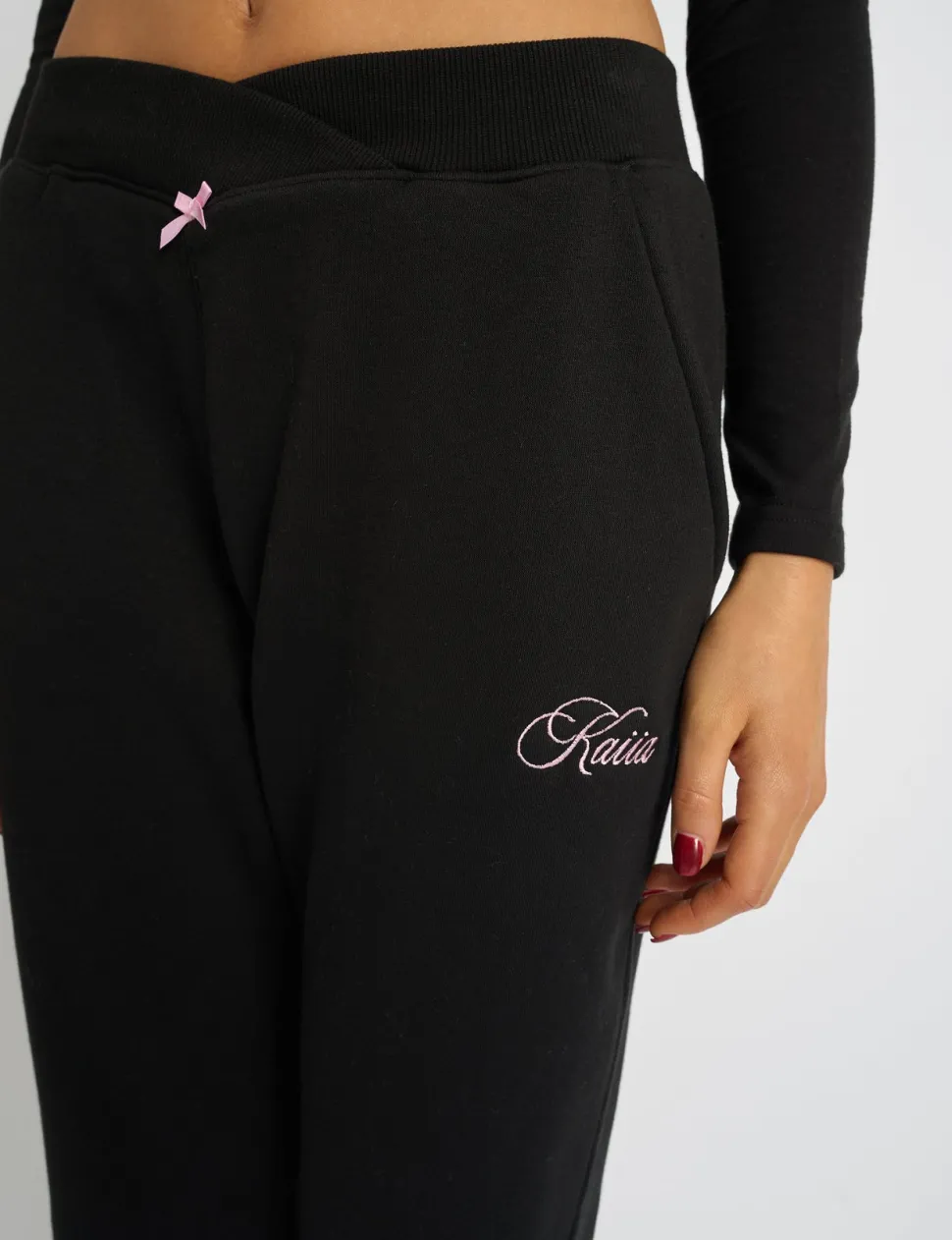 Outlet Kaiia Bow Detail Wide Leg Joggers Black & Pink Sculpt & Leisure | Kaiia The Label