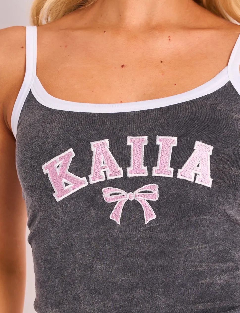 Best Kaiia Bow Embroidered Cami Top Washed Dark Grey & Pink Sculpt & Leisure | Kaiia The Label