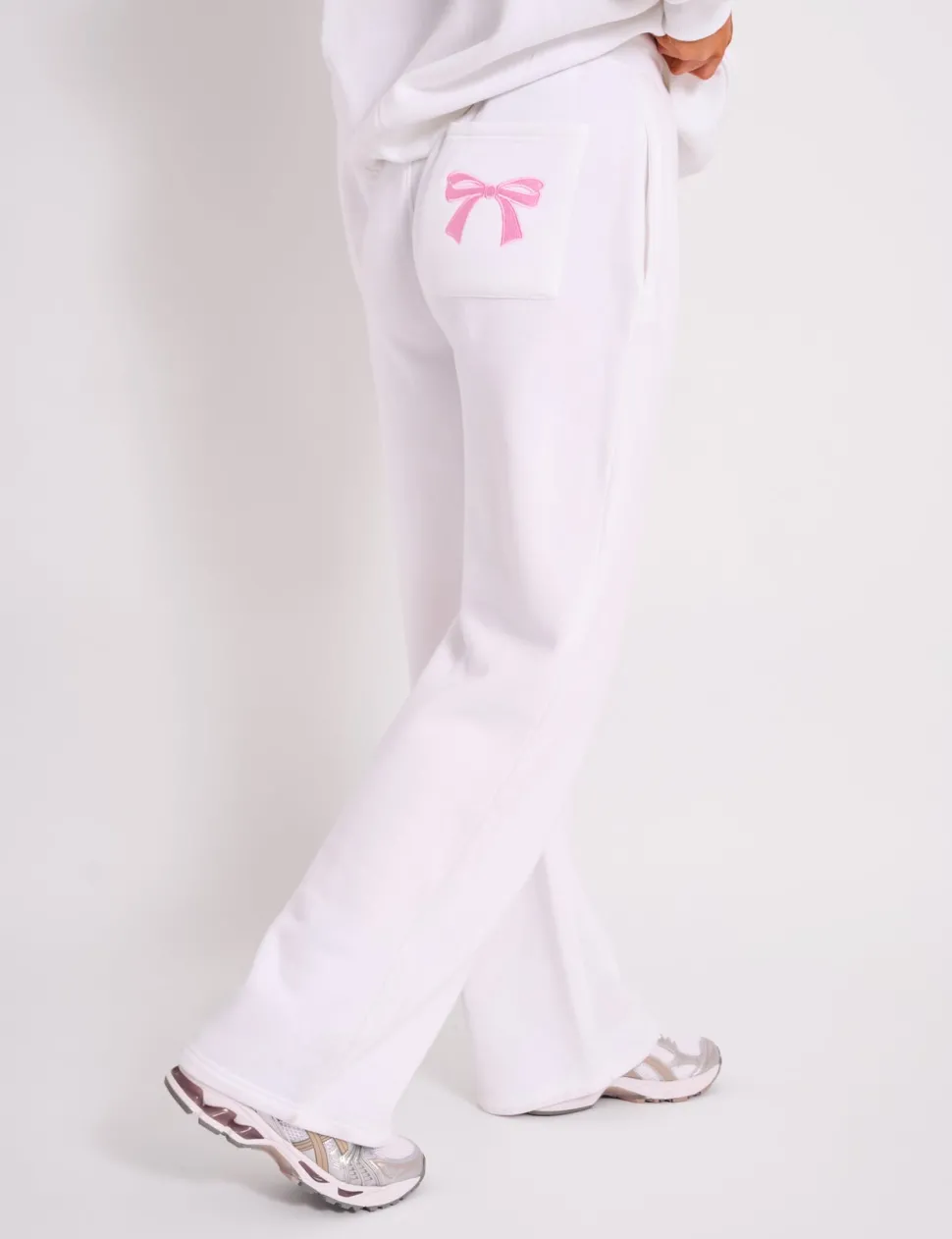Discount Kaiia Bow Embroidered Ribbed Waistband Wide Leg Joggers White & Pink Sculpt & Leisure | Kaiia The Label