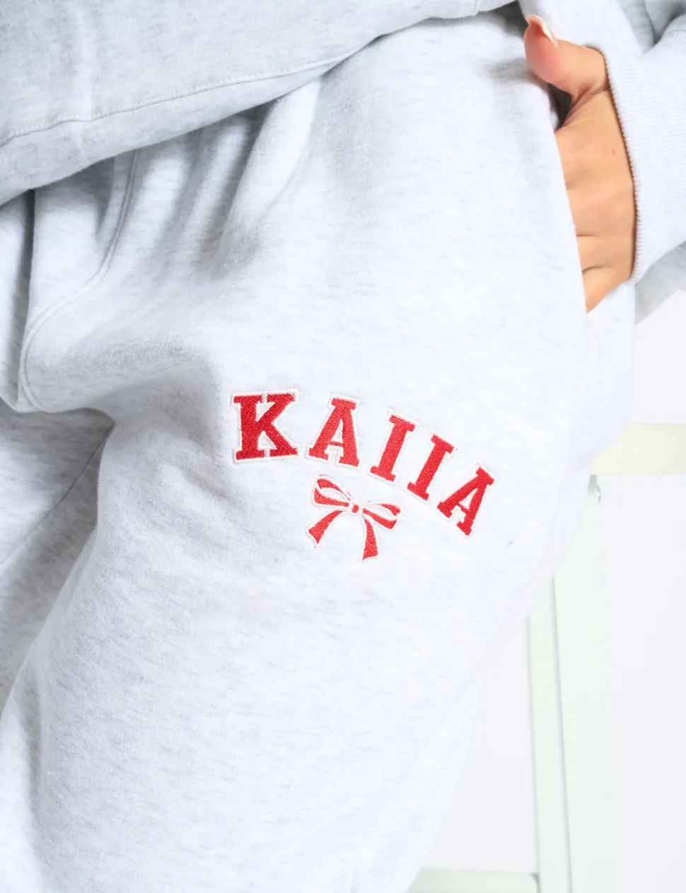 Discount Kaiia Bow Embroidered Ribbed Waistband Wide Leg Joggers Light Grey Marl & Red Sculpt & Leisure | Kaiia The Label