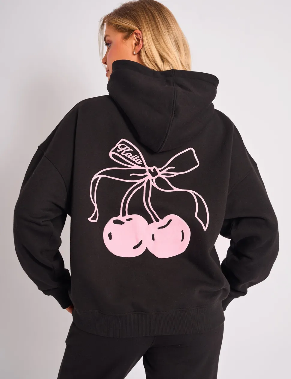 Cheap Kaiia Cherry Bow Graphic Oversized Hoodie Black & Pink Sculpt & Leisure | Kaiia The Label