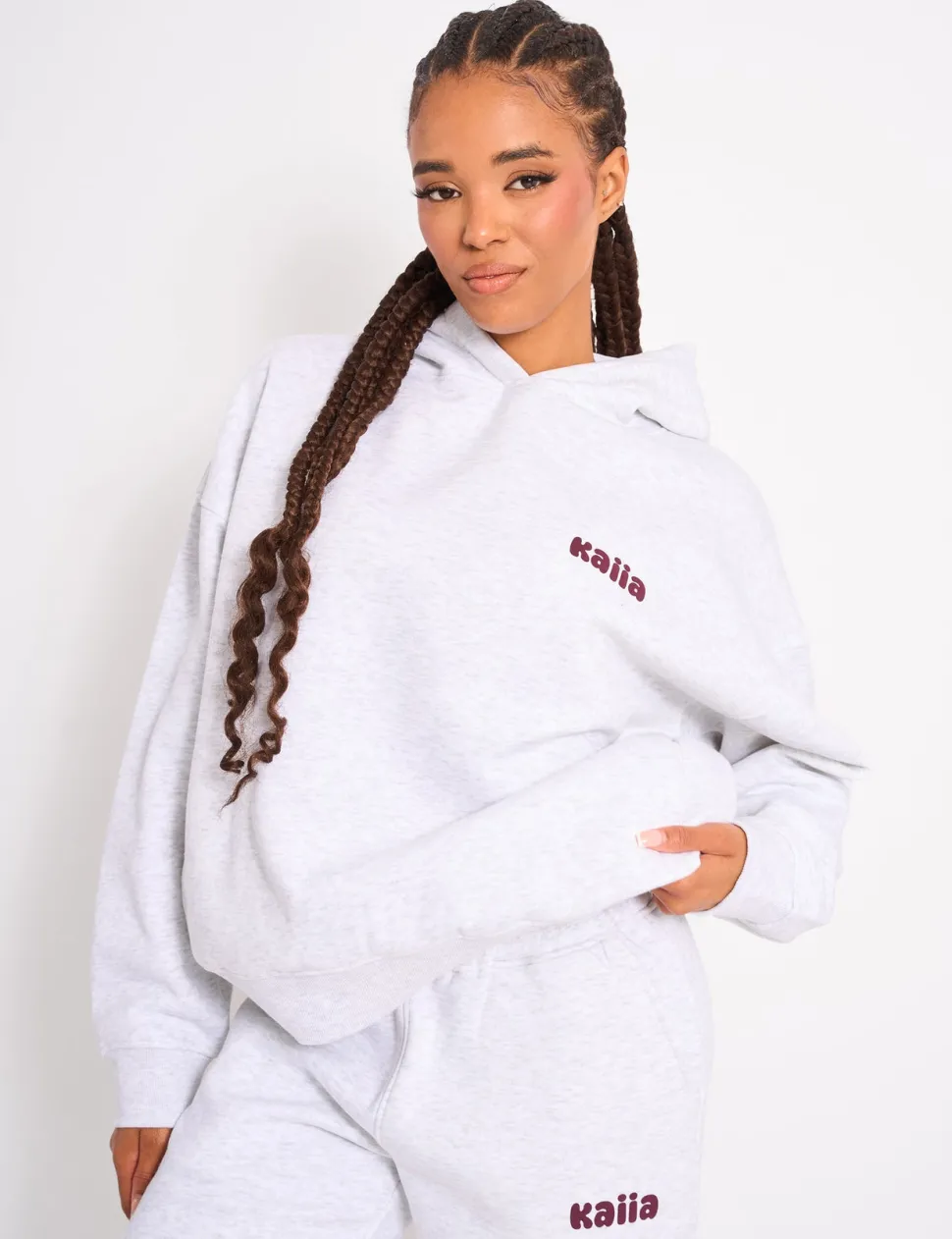 Outlet Kaiia Cherry Graphic Oversized Hoodie Light Grey Marl & Plum Sweatshirt & Hoodies | Hoodies & Sweatshirts