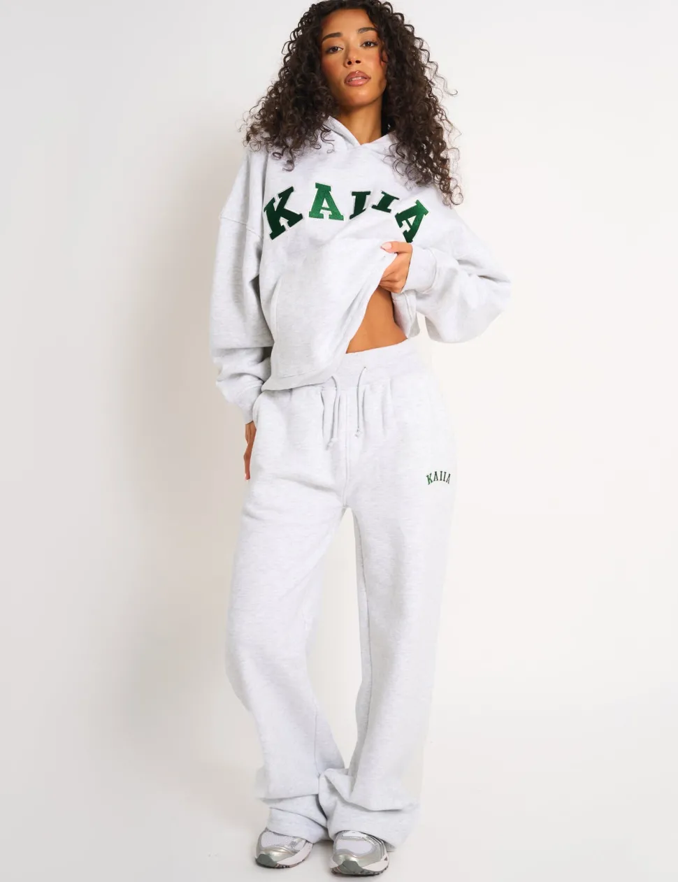 Outlet Kaiia Ribbed Waistband Wide Leg Joggers Light Grey Marl & Forest Green Sculpt & Leisure | Kaiia The Label