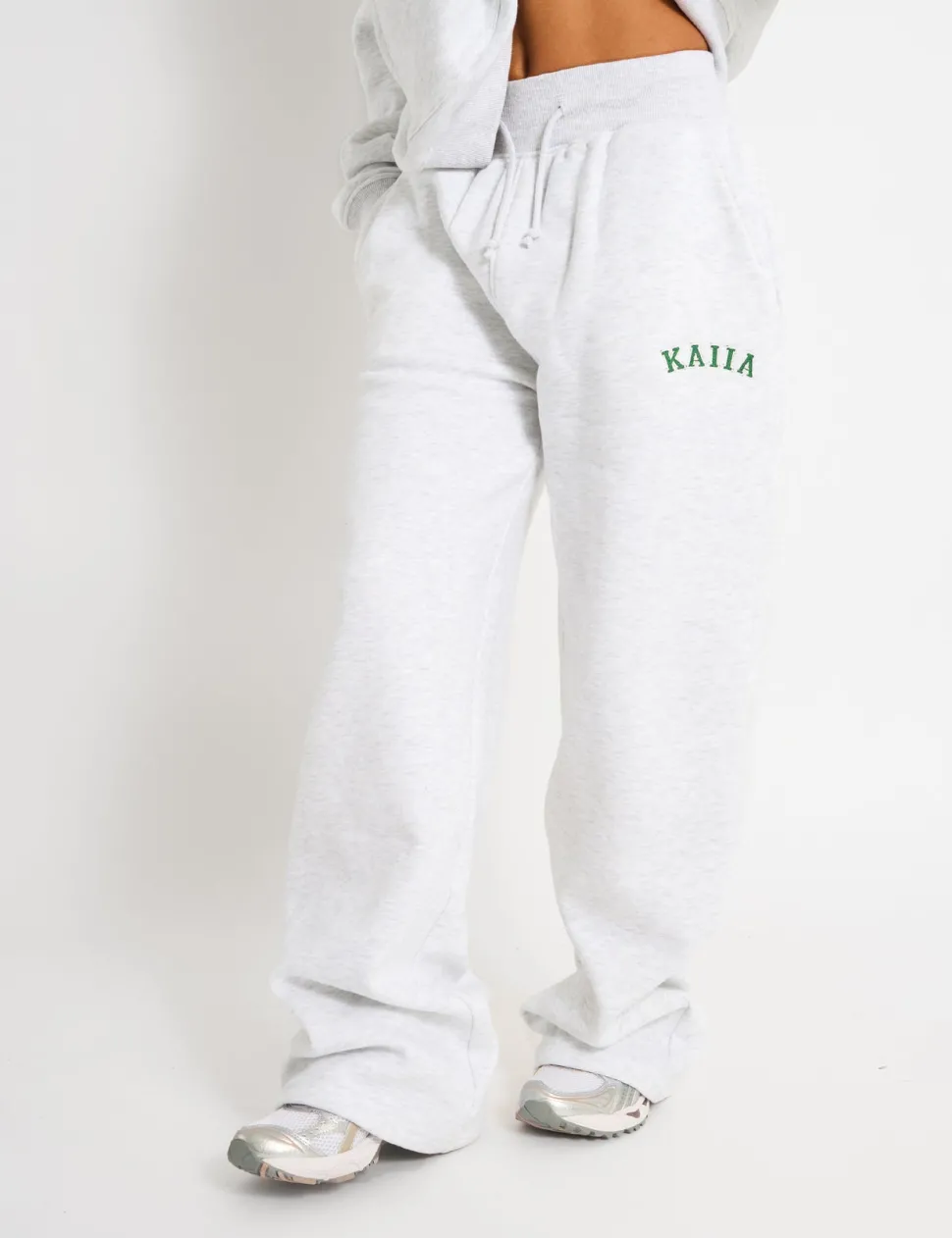 Outlet Kaiia Ribbed Waistband Wide Leg Joggers Light Grey Marl & Forest Green Sculpt & Leisure | Kaiia The Label