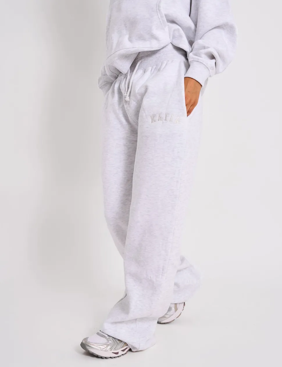 Outlet Kaiia Ribbed Waistband Wide Leg Joggers Light Grey Marl Sculpt & Leisure | Kaiia The Label